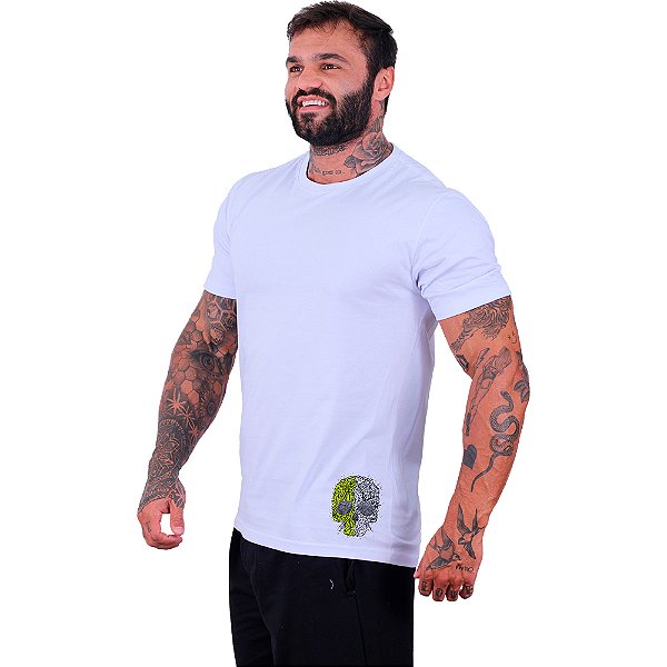 Camiseta Tradicional Masculina MXD Conceito Estampa Lateral Caveira Duas Cores