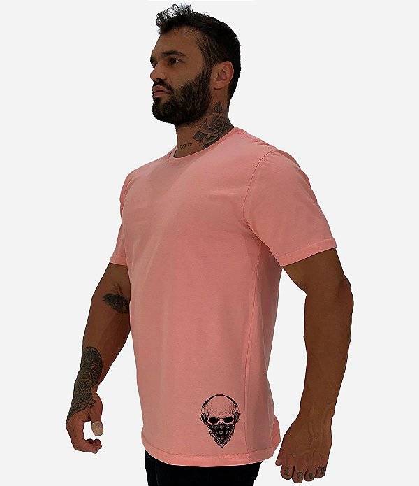 Camiseta Tradicional Masculina MXD Conceito Estampa Lateral Caveira Headphones e Máscara