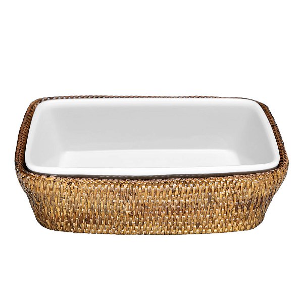 Travessa Porcelana Maya Retangular P com Suporte em Rattan