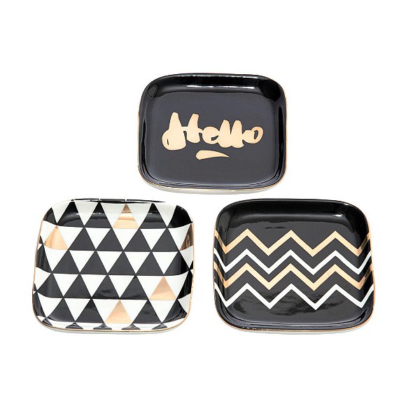 Conjunto 3 Pratos Cerâmica Preto, Branco e Dourado