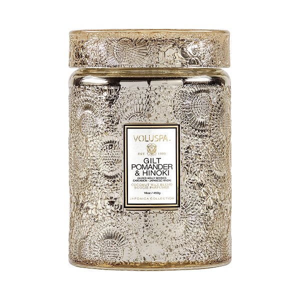 Vela Voluspa Pote Vidro G 100h Tampa Vidro Relevo Gilt Pomander e Hinoki