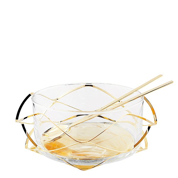 Saladeira Diamante com Par de Talheres Ouro 24k - Riva