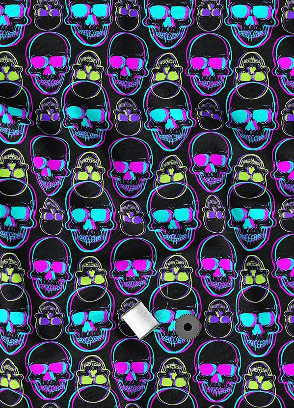 Tecido Microfibra Estampa Digital Caveira Neon 1,55m de Largura