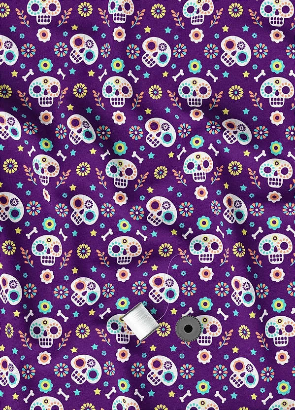 Tecido Microfibra Estampa Digital Caveira Pop Roxa 1,55m de Largura