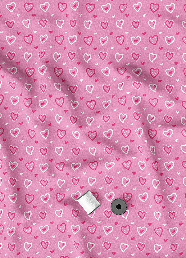 Tecido Microfibra Estampa Digital Corações Rosa e Branco 1,55m de Largura