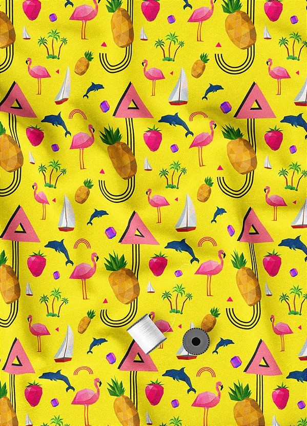 Tecido Microfibra Estampa Digital Flamingo Fundo Amarelo 1,55m de Largura