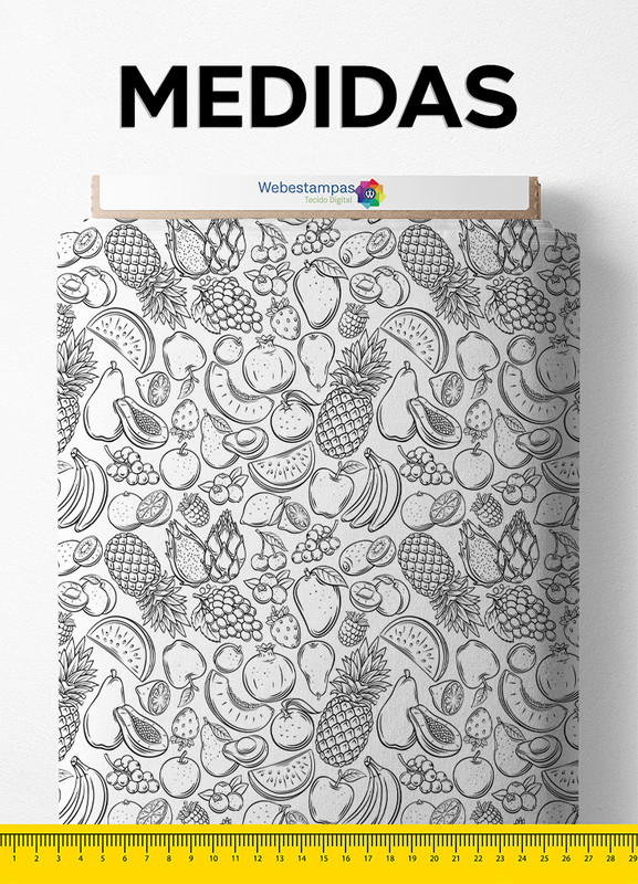 Tecido Microfibra Estampa Digital Fruta Tropical Preto e Branco 1,55m de Largura
