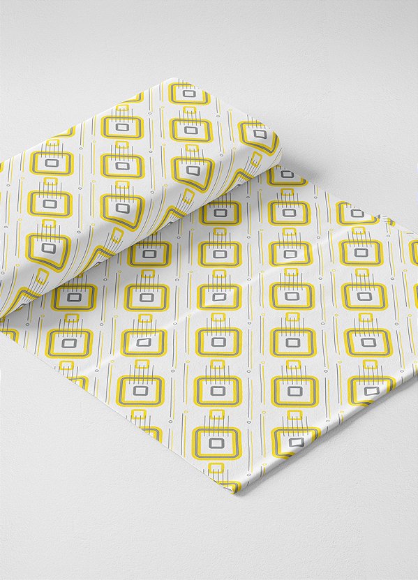 Tecido Microfibra Estampa Digital Quadrado Amarelo Fundo Branco 1,55m de Largura