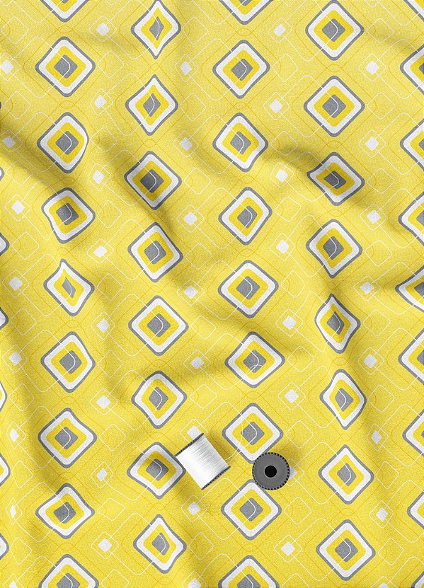 Tecido Microfibra Estampa Digital Quadrado Cinza Fundo Amarelo 1,55m de Largura