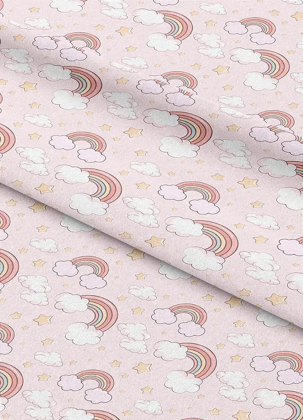 Tecido Microfibra Estampa Digital Arco Íris e Nuvem Rosa 1,55m de Largura