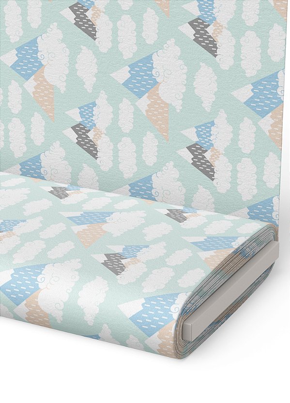 Tecido Microfibra Estampa Digital Montanhas e Nuvens Fundo Verde 1,55m de Largura