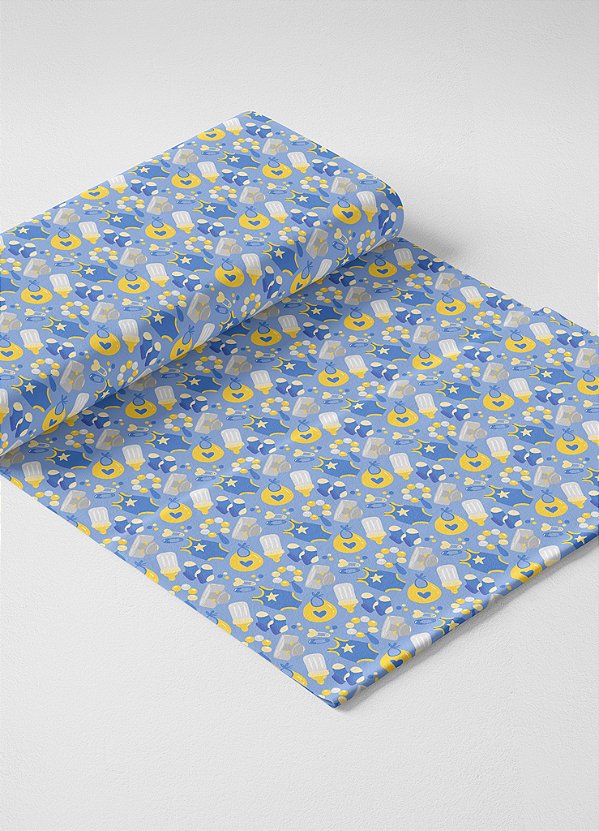 Tecido Microfibra Estampa Digital Roupinha e Mamadeira Azul 1,55m de Largura