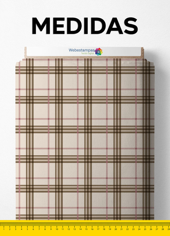 Tecido Microfibra Estampa Digital Xadrezinho Marrom Fundo Palha 1,55m de Largura
