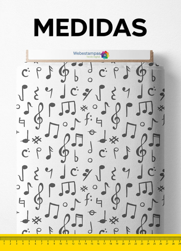 Tecido Microfibra Estampa Digital Mini Nota Musical Preta 1,55m de Largura