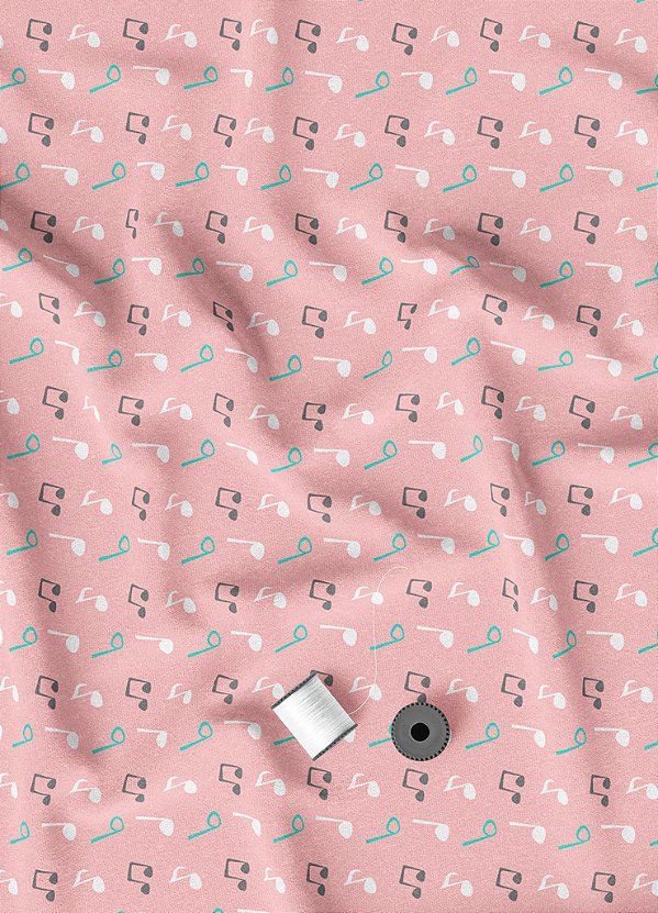 Tecido Microfibra Estampa Digital Nota Musical Azul Fundo Rosa 1,55m de Largura