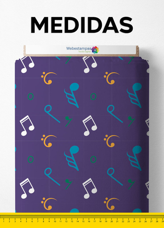 Tecido Microfibra Estampa Digital Nota Musical Azul Fundo Roxo 1,55m de Largura