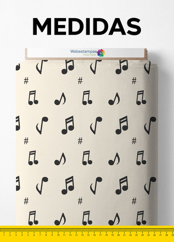 Tecido Microfibra Estampa Digital Nota Musical Preto Fundo Beje 1,55m de Largura
