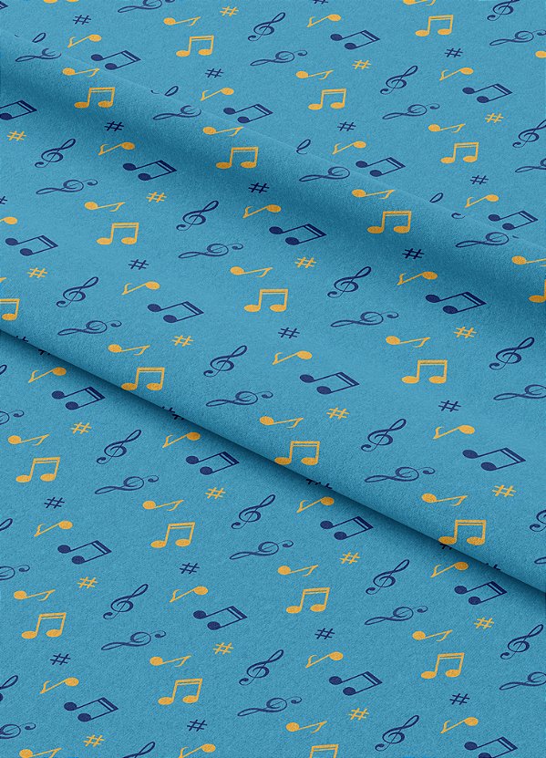 Tecido Microfibra Estampa Digital Notas Musicais Amarelo Fundo Azul 1,55m de Largura