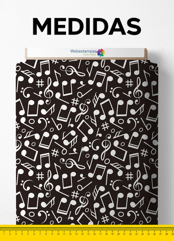 Tecido Microfibra Estampa Digital Notas Musicais Branco Fundo Preto 1,55m de Largura