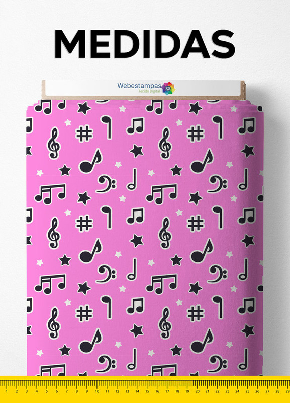 Tecido Microfibra Estampa Digital Notas Musicais Fundo Pink 1,55m de Largura