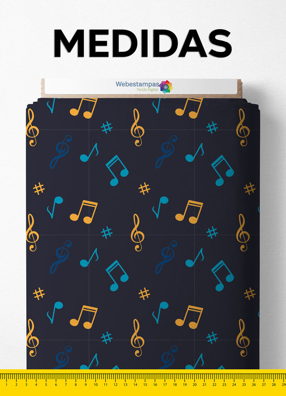 Tecido Microfibra Estampa Digital Notas Musicais Fundo Preto 1,55m de Largura