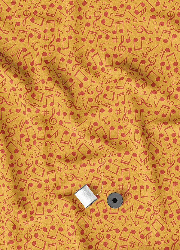 Tecido Microfibra Estampa Digital Notas Musicais Laranja 1,55m de Largura