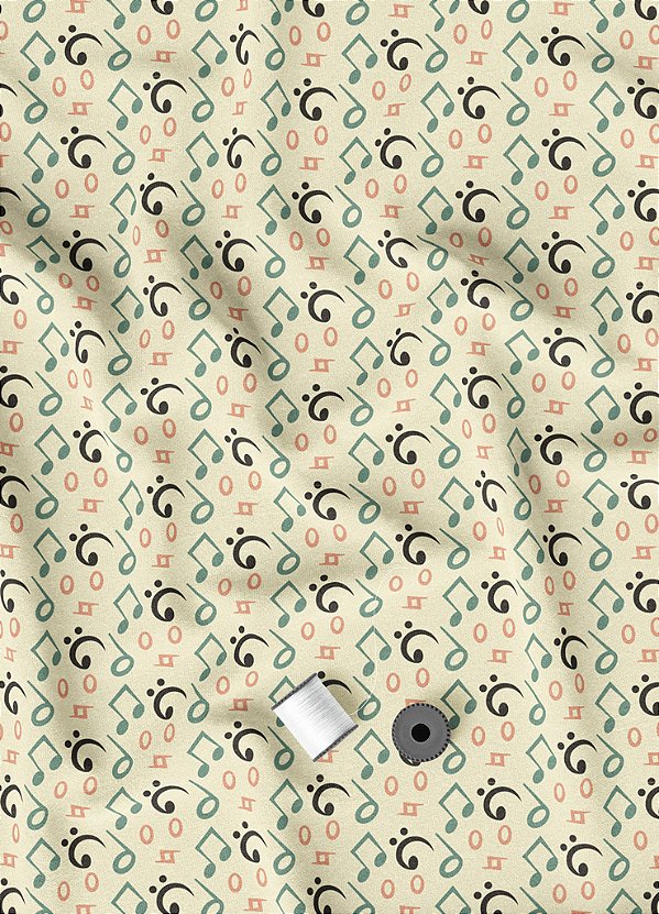 Tecido Microfibra Estampa Digital Notas Musicais Verde Fundo Palha 1,55m de Largura