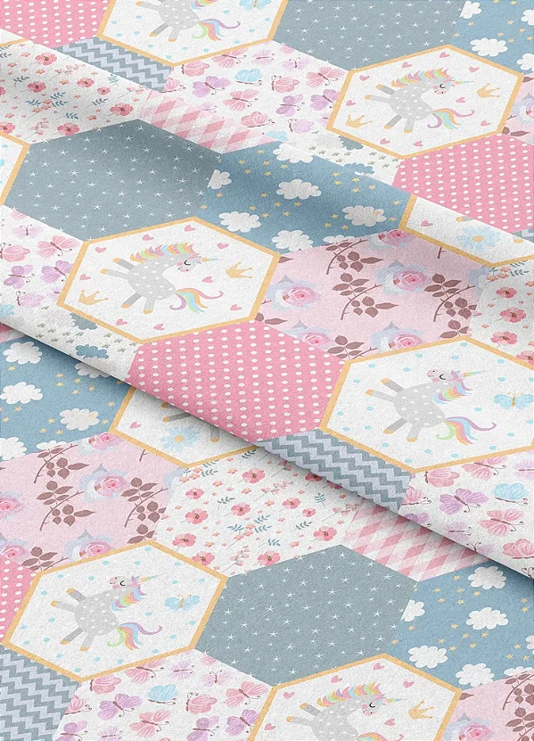 Tecido Microfibra Estampa Digital Colmeia Floral Azul e Rosa 1,55m de Largura