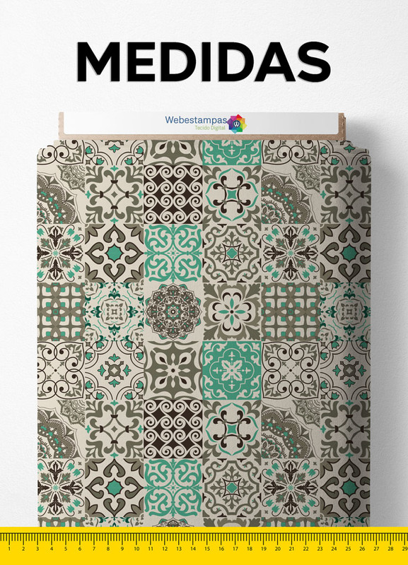 Tecido Microfibra Estampa Digital Flores e Formas Verde e Marrom 1,55m de Largura