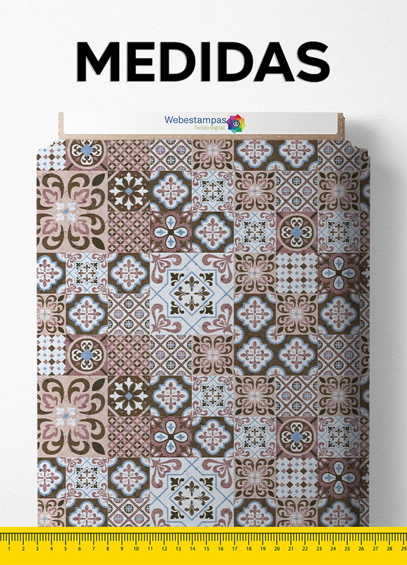 Tecido Microfibra Estampa Digital Mosaico Azulejo Marrom 1,55m de Largura