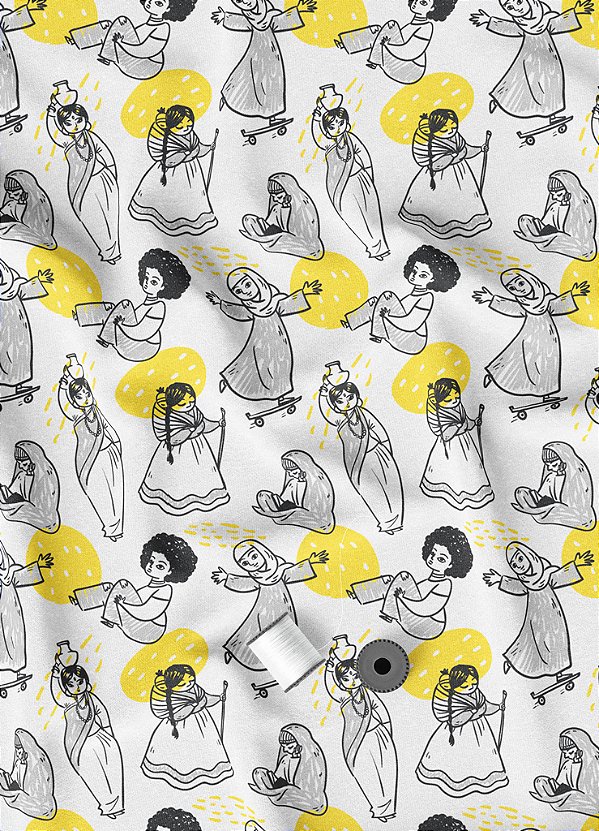 Tecido Microfibra Estampa Digital Feminino Branco e Amarelo 1,55m de Largura