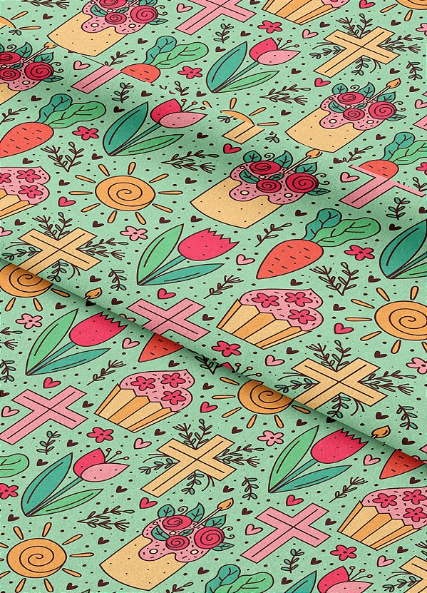 Tecido Microfibra Estampa Digital Flores e Cruz Verde 1,55m de Largura