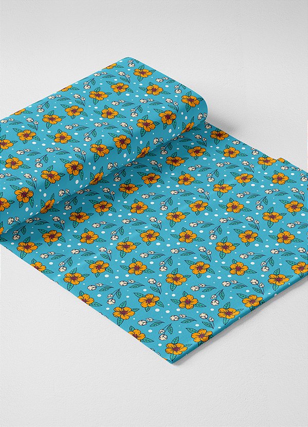 Tecido Microfibra Estampa Digital  Flores Amarelas Fundo Azul 1,55m de Largura
