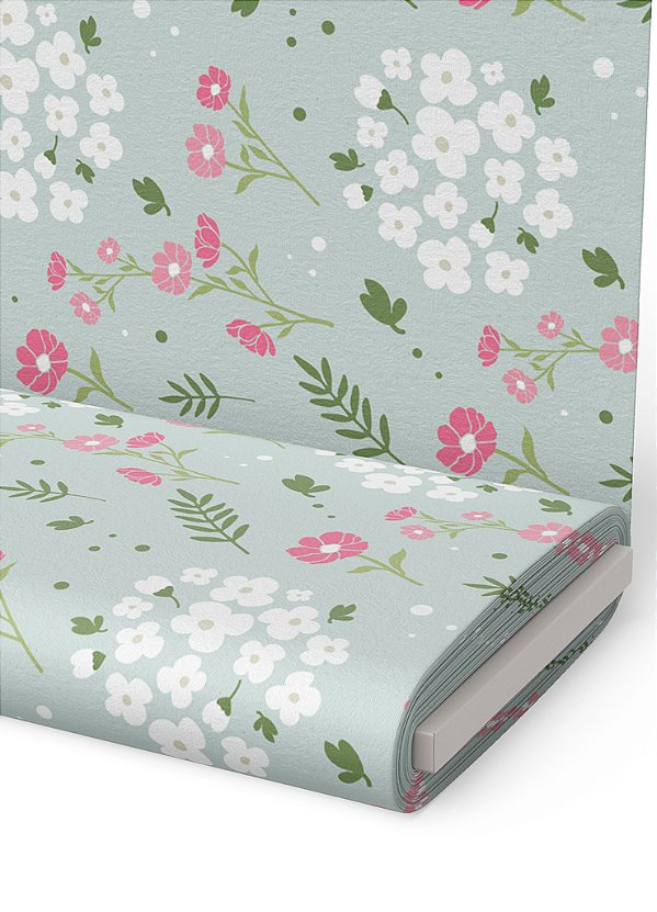 Tecido Microfibra Estampa Digital  Flores e Ramos Rosa e Verde 1,55m de Largura