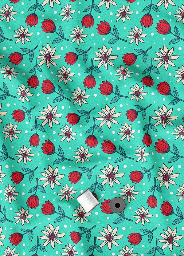 Tecido Microfibra Estampa Digital  Flores Vermelha Fundo Azul 1,55m de Largura