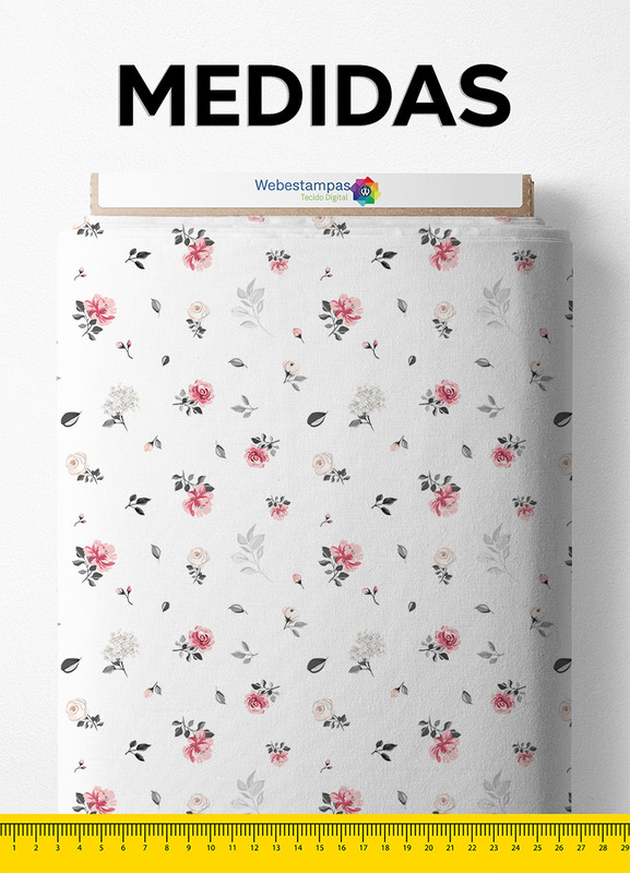 Tecido Microfibra Estampa Digital  Mini Rosa Fundo Branco 1,55m de Largura