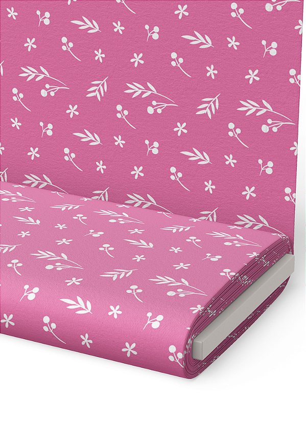 Tecido Microfibra Estampa Digital  Raminhos Branco Fundo Pink 1,55m de Largura