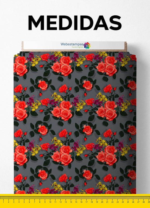 Tecido Microfibra Estampa Digital  Rosas Fundo Cinza 1,55m de Largura