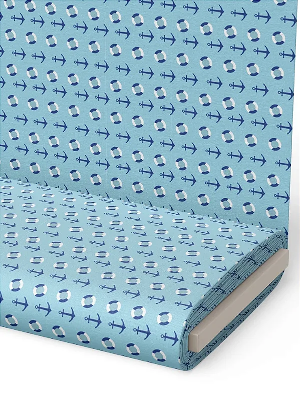 Tecido Microfibra Estampa Digital  Ancora e Boia Azul Marinho 1,55m de Largura