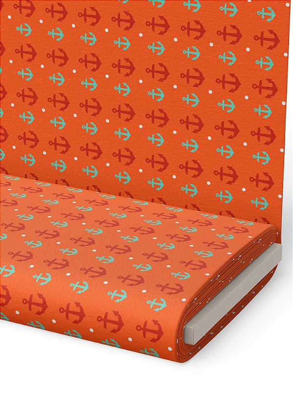 Tecido Microfibra Estampa Digital  Ancoras Laranja 1,55m de Largura