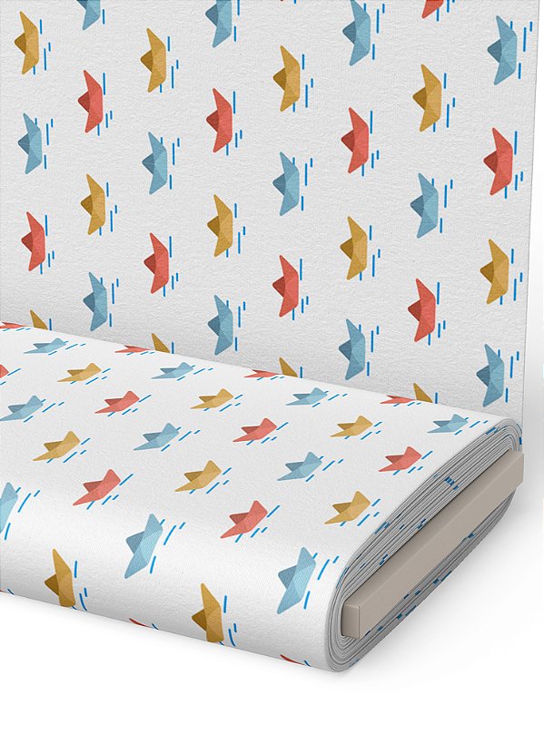 Tecido Microfibra Estampa Digital  Barco De Papel Colorido 1,55m de Largura