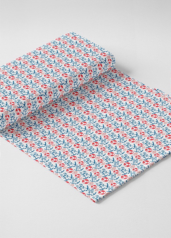 Tecido Microfibra Estampa Digital  Boias e Ancoras Vermelho e Azul 1,55m de Largura