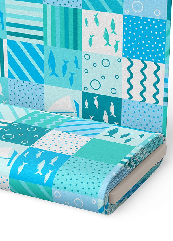 Tecido Microfibra Estampa Digital  Patchwork Peixinhos 1,55m de Largura