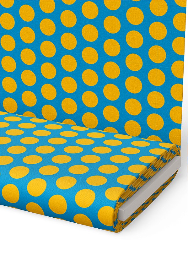 Tecido Microfibra Estampa Digital  Poa Grande Amarelo Fundo Azul 1,55m de Largura