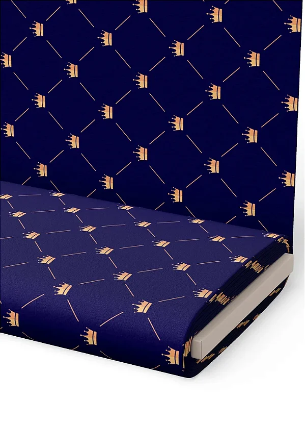 Tecido Microfibra Estampa Digital  Coroa Dourada Fundo Marinho 1,55m de Largura