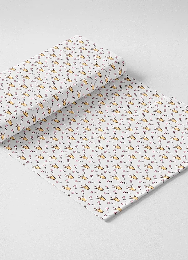 Tecido Microfibra Estampa Digital  Coroa e Rosas Fundo Branco 1,55m de Largura