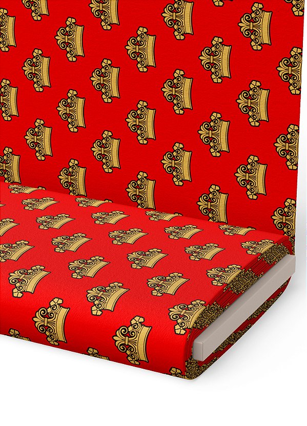Tecido Microfibra Estampa Digital  Coroa Imperial Fundo Vermelho 1,55m de Largura