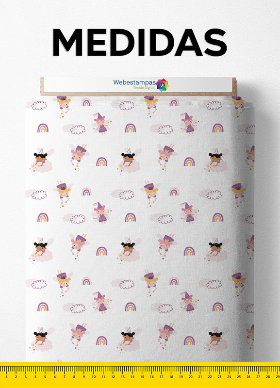 Tecido Microfibra Estampa Digital  Fadinhas e Nuvens 1,55m de Largura