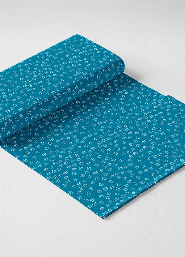 Tecido Microfibra Estampa Digital  Mini Coroa Fundo Azul 1,55m de Largura
