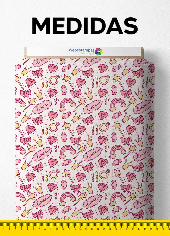 Tecido Microfibra Estampa Digital  Princesa Fundo Rosa 1,55m de Largura